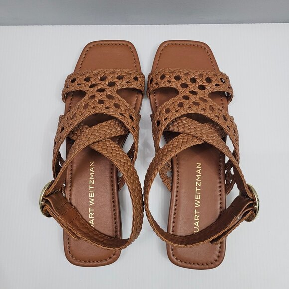 Stuart Weitzman Thea Sandal Womens 8 Tan Woven Leather Flat Summer Designer - Picture 9 of 14